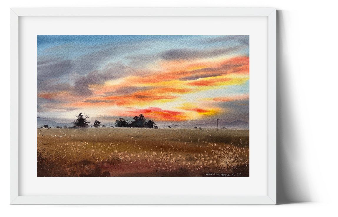 Modern Watercolor Landscape Painting Original, Rural Wall Art, Orange Sunset, Nature Art Decor, Field, Gift