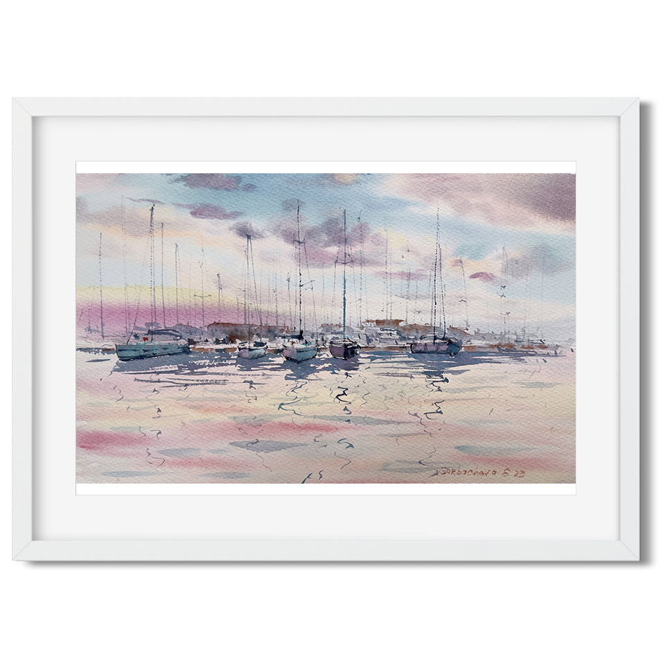 Nautical Painting Original Watercolor, Yacht Wall Art, Sailboat Pier Artwork, Seascape, Coastal Home Decor, Gift