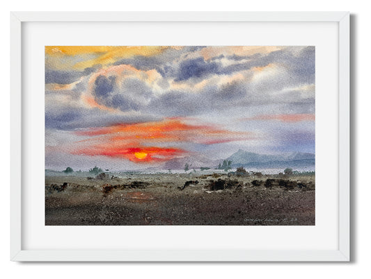 Sunset Landscape Watercolor Painting Original, Country Art, Modern Farmhouse Paintings, Impressionist Artwork, Cottage Decor