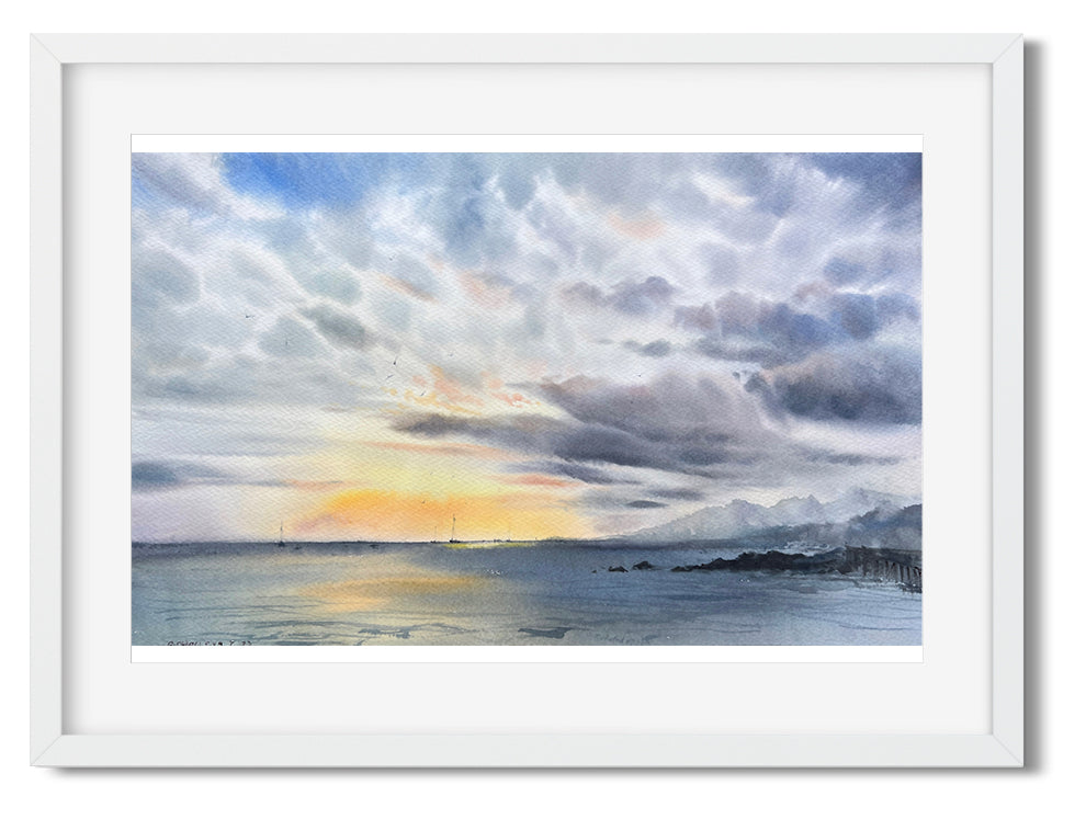 Ocean Original Watercolor, Cloud Painting, Horizontal Seascape, Minimalist Coastal Wall Art, Blue Beach House Decor