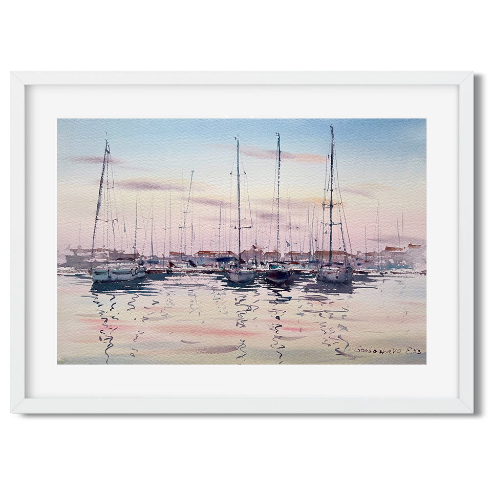 Nautical Painting - Original Watercolor of Yachts on the Pier in Pink Sunset #2, Ideal for Seascape Art Lovers, Perfect Sailing Art Gift