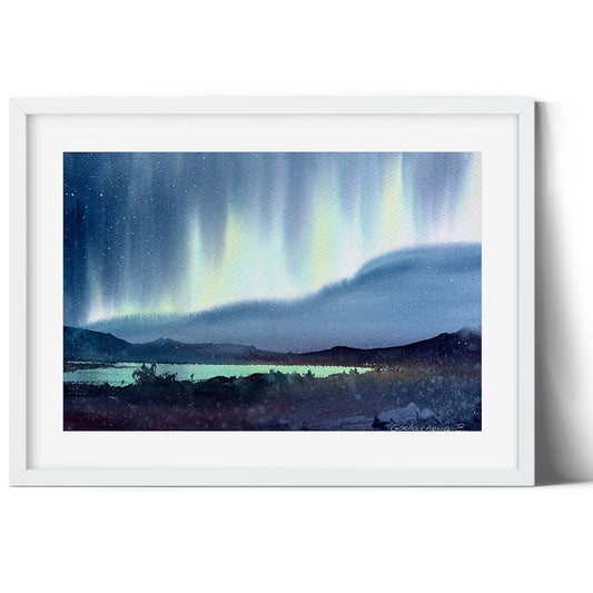 Watercolor Aurora Painting, Original Nordic Landscape Artwork, Hand-painted Wall Art, Gift For Her