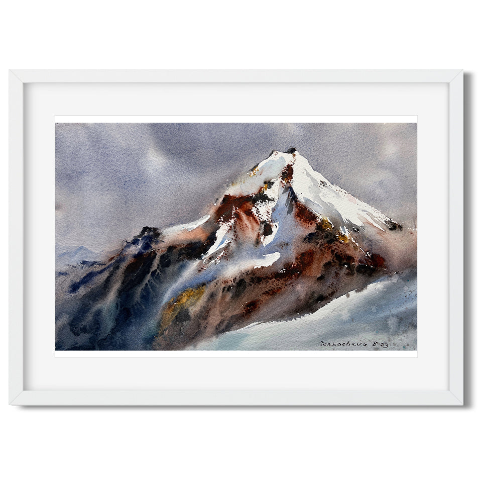 Mountains Painting Original Watercolor Art, Snowy Landscape, Alps Mountains Wall Art 12x7 in, Eugenia Gorbacheva