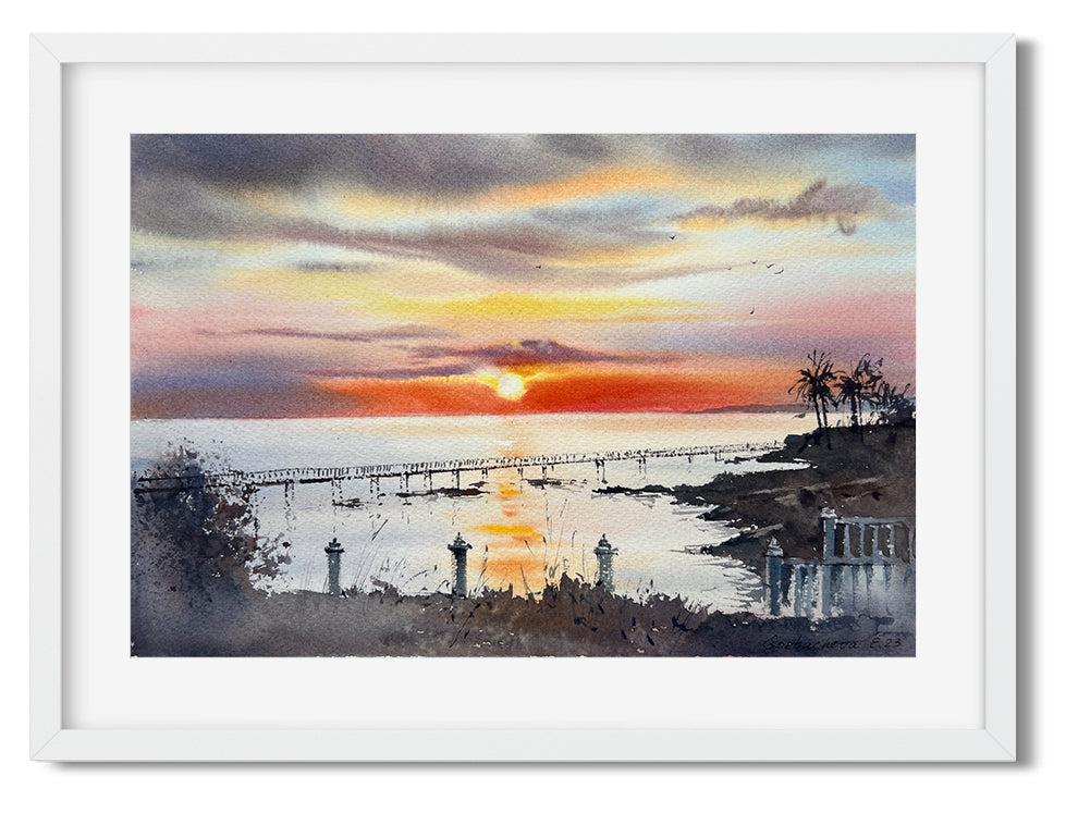 Ocean Sunset Painting, Marine Watercolor Original Artwork, Cyprus Seascape, Landscape, Bedroom Wall Art