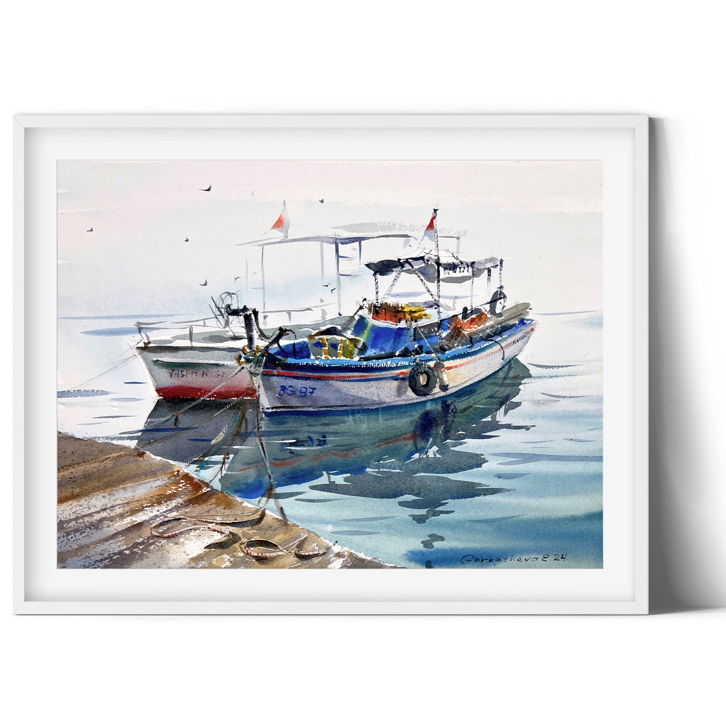 Boats at the Pier #5 - Original Watercolor Painting of Fishing Boats on the Blue Sea, 9x12 in