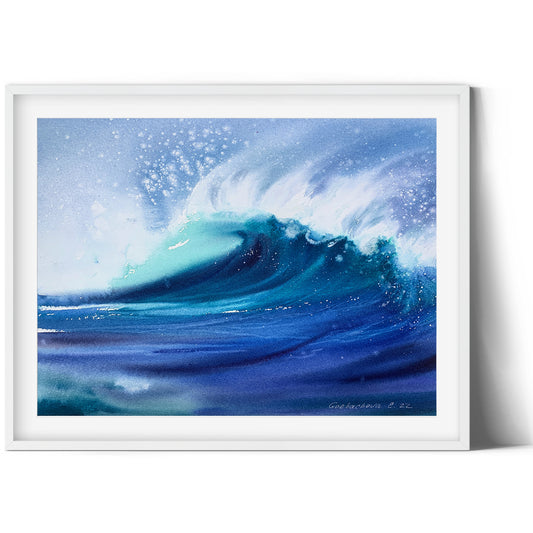 Sea Wave Small Watercolor Painting, Original Artwork, Ocean Blue Waves, Coastal Wall Art, Beach Wall Decor, Seascape
