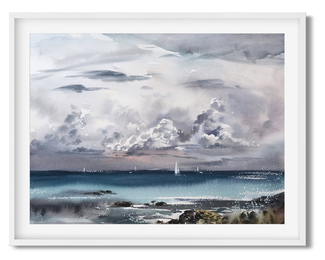 Original Seascape Watercolor Painting, Yacht Art and Clouds - Perfect Coastal Room Wall Decor and Gift for Sea Lovers