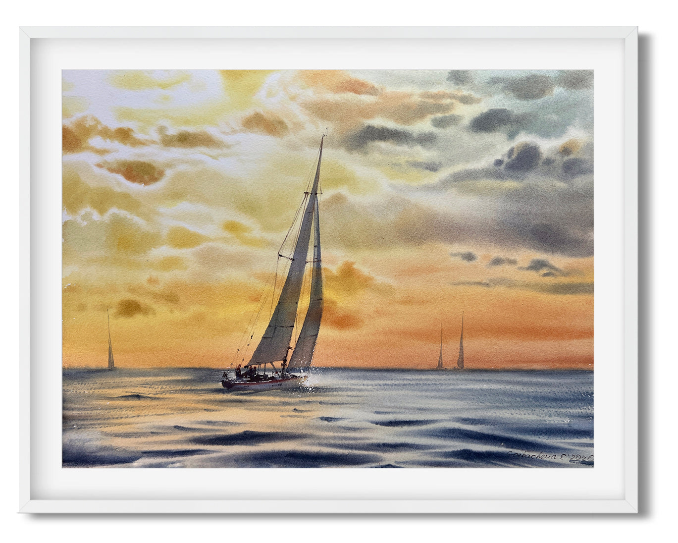 Yacht Watercolor Painting Original, Sailboat Artwork, Sunset Seascape Art, Coastal Bedroom Wall Art, Gift