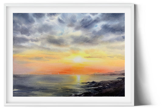 Sea Sunset Painting Original Watercolor, Beach Art, Coastal Living Room Wall Decor, Unique Gift, Orange, Blue, Clouds