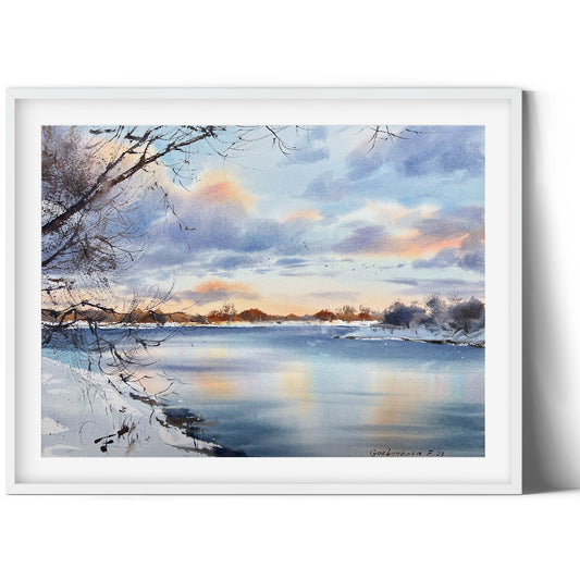 Winter Painting, Small Watercolor Original, Night Sky, Snowy Landscape, Frozen River Artwork, Unique Gift