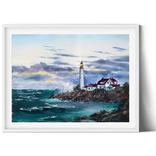 Sea Lighthouse Painting Original, Watercolor Ocean Art, Coastal Wall Decor, Seascape, Gifts Unique, Purple, Aquamarine
