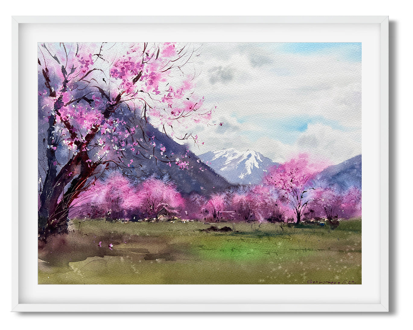 Watercolor Painting of a Tibet Mountains, Landscape Wall Art, Mountain Original Artwork, Home Art, Purple Flowering Tree