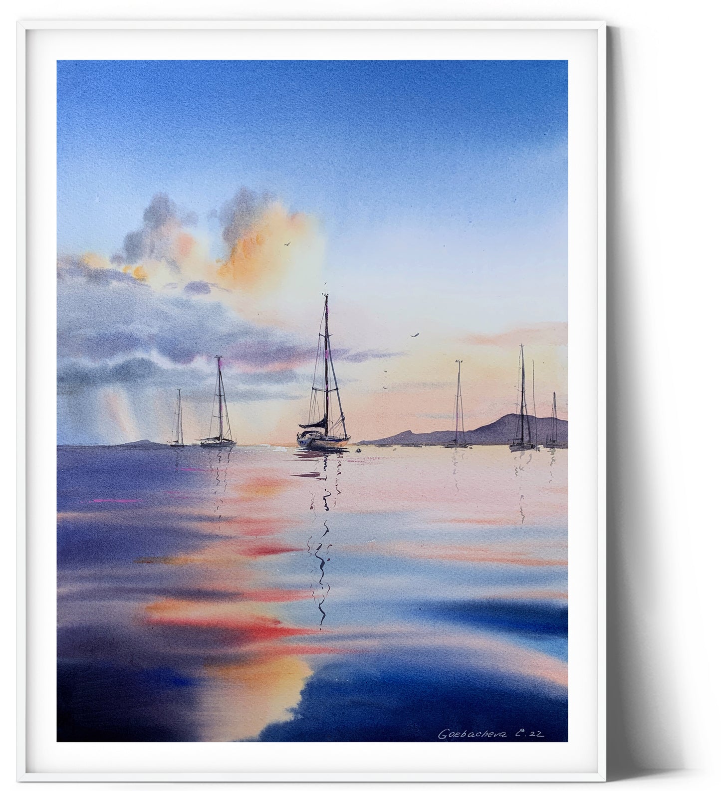 Yacht Watercolor Painting Original, Sailboat Seascape Artwork, Coastal Art, Yachting Bedroom Wall Decor, Gift For Him, Blue Pink