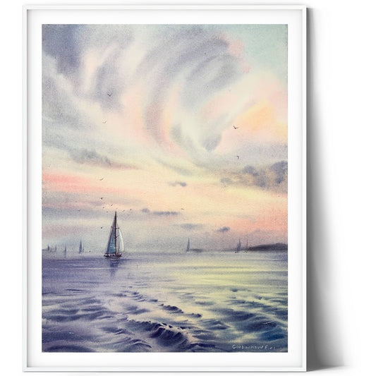 Original Watercolor Painting: Yachts at Sea #2 with Stunning Clouds
