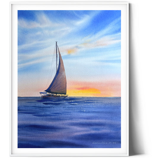 Sunset Yacht Painting Original, Watercolor Sailboat Artwork, Seaview Art, Coastal Living Room Wall Art, Gift