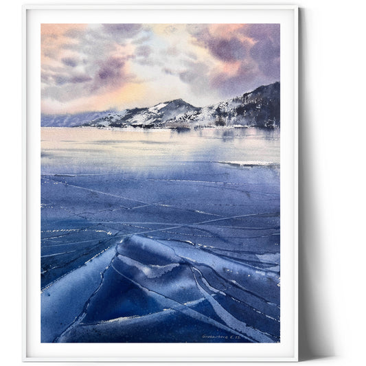 Winter Lake Painting, Original Watercolor, Frozen Baikal Landscape, Blue Ice Wall Art Decor, Purple Clouds