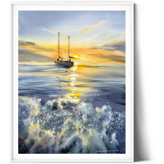 Watercolor Sailboat Painting Original, Sea Art - Yacht at Sunset #10