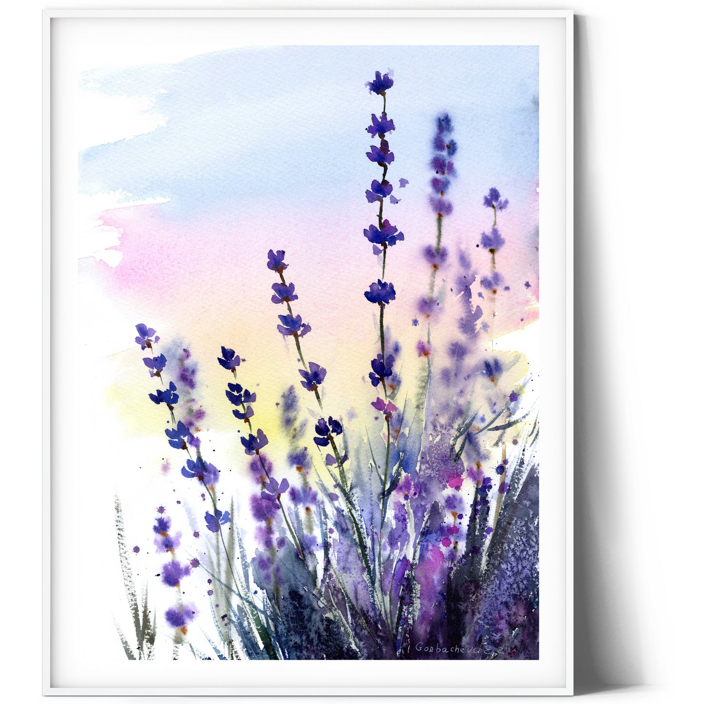 Lavender Landscape Wall Art, Set of 2 Flower Prints, Watercolor Lilac Decor, Country Living Room Wall Decor