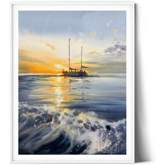 Nautical Painting Original Watercolor - Yacht at sunset #9