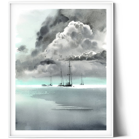Mint Wall Art, Yacht Print, Monochrome Seascape Painting, Watercolor Sailboat, Office Design Decor, Gift, Sea, Clouds