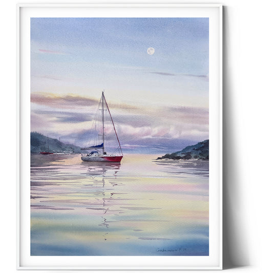 Painting Original, Sail Boat Watercolor - Yacht and Pink Dawn