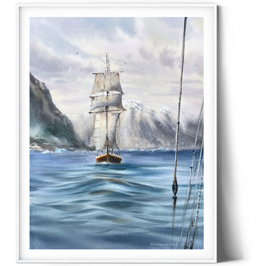 Arctic Painting Original Watercolor, Seascape with Sailing Ship - Greenland #7
