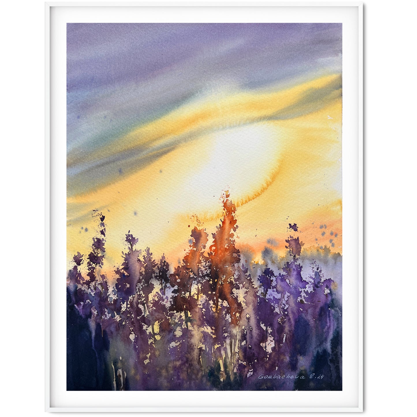 Nature Painting, Original Watercolor Artwork - Lavender sunset