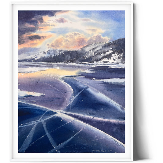 Frozen Lake Painting, Original Watercolor, Winter Landscape, Frosty Morning, Blue Ice Wall Art, Siberia Baikal