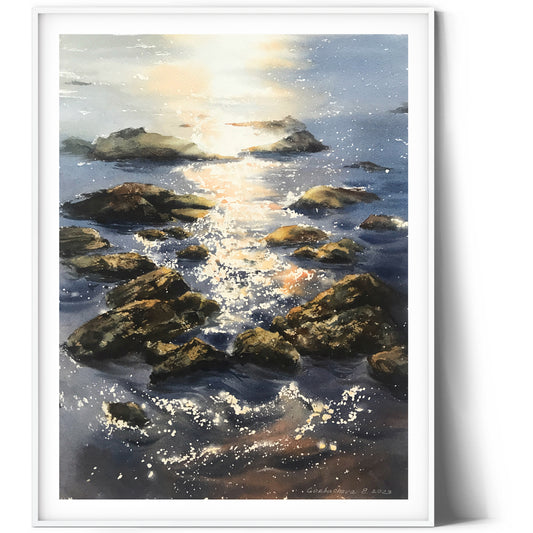 Morning Seascape Watercolor Painting, Original Artwork, Ocean Stones Art, Sun, Bedroom Wall Decor, Gift for Sea Lover