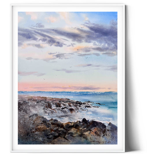 Coastal Painting Original Watercolor, Sea Waves Art, Beach Bedroom Wall Decor, Gift for Her, Blue Sea Coast