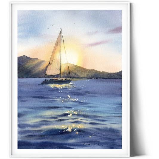 Sailing Painting Original Watercolour, Seascape Artwork - Yacht in the sun #2 - 12x16 inch
