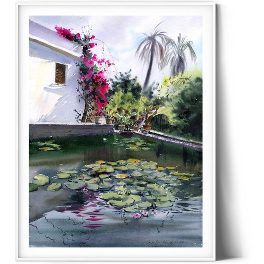 Cyprus House Painting, Original Watercolor Art, Greek Coastal City, Greece, Village Artwork, Pond with Lilies, Karmi