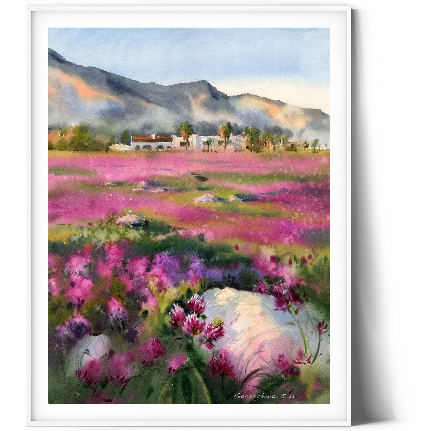 Сolorful Landscape Painting Watercolor Original, Wildflower Wall Art, Nature Artwork, Pink Clover Field