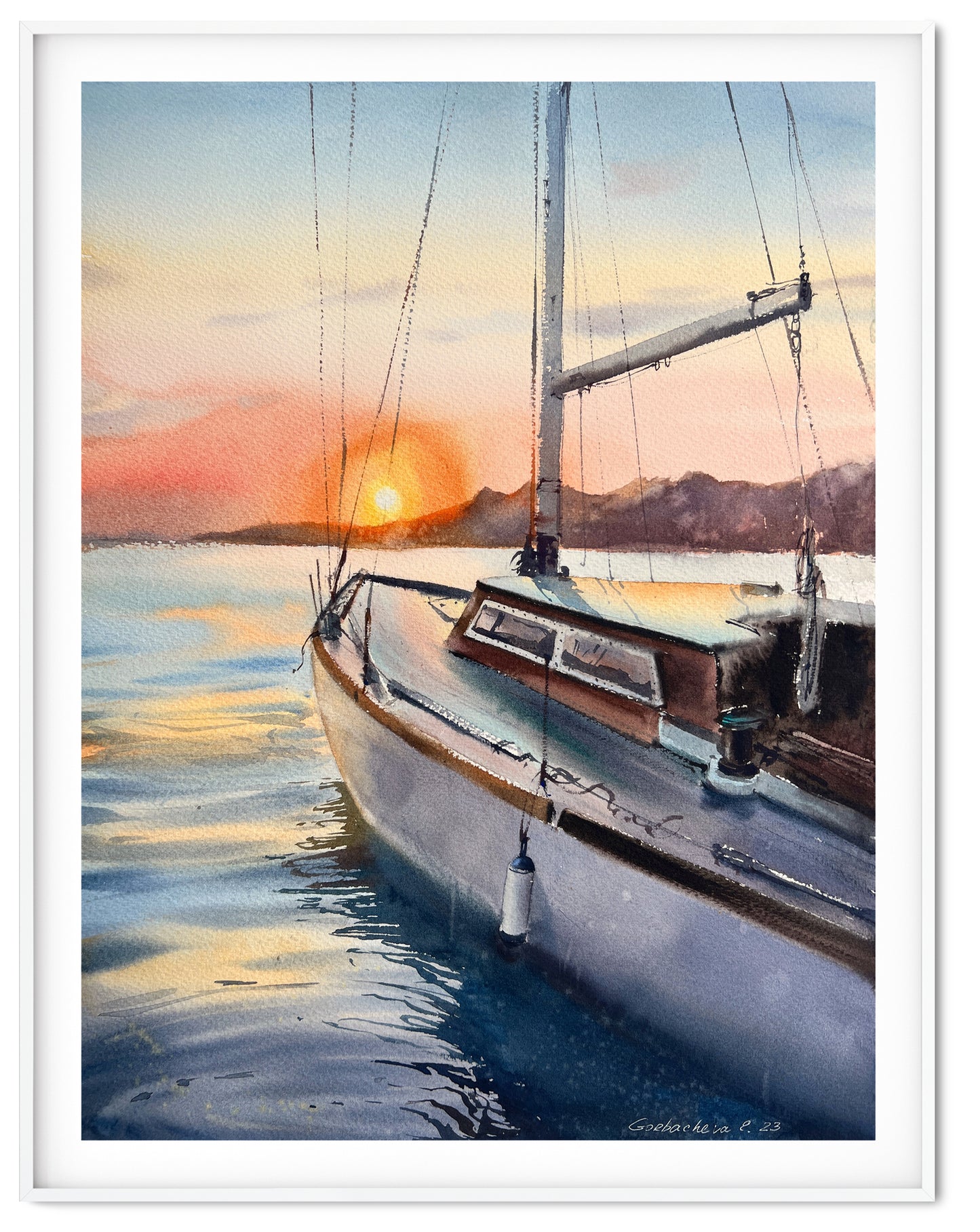 Nautical Painting Original Watercolor, Yacht Wall Art, Sunset Sailboat Artwork, Seascape, Coastal Living Room Decor