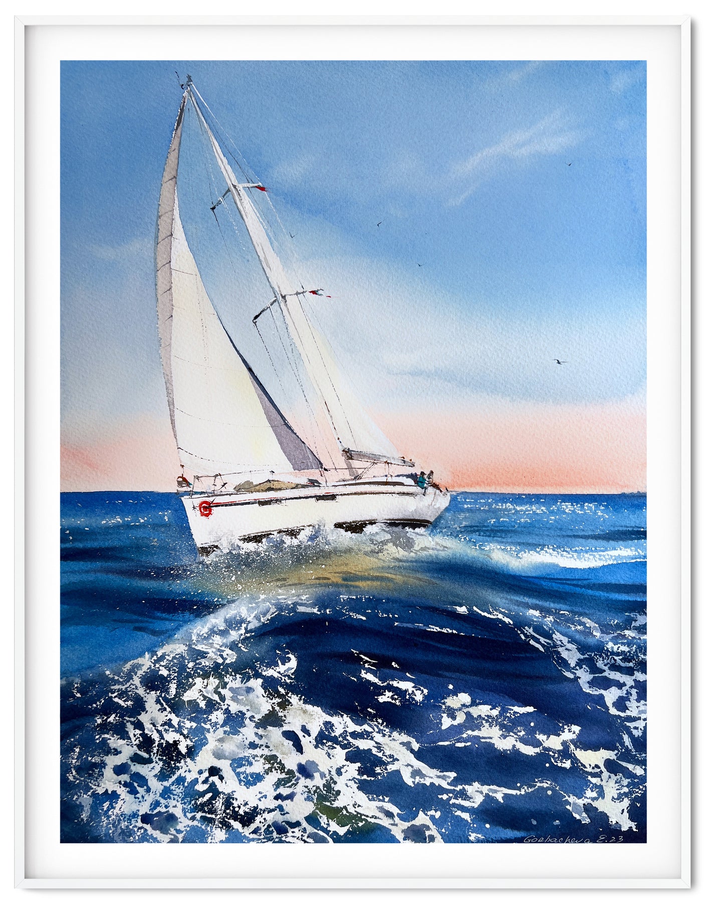 Ocean Beach Yacht Painting Watercolor Original, Sailboat Art, Nautical Wall Art, Coastal Living Room Decor, Gift
