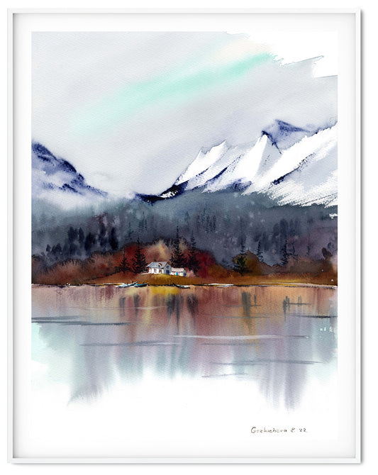 Mountain Lake Print, Fall Nature Wall Art, Abstract Landscape Painting, Contemporary Home Wall Decor, Fine Art Print