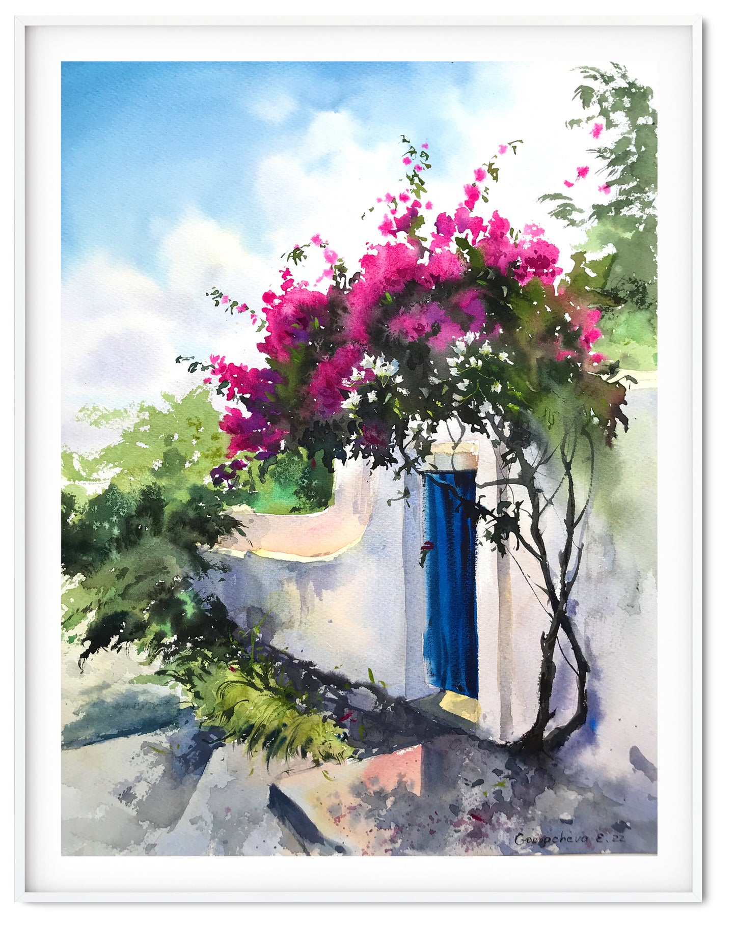 Coastal Watercolor Painting, Original Artwork, Greece, Greek Style Cityscape, Wall Art, Gift For Home, Blue, White