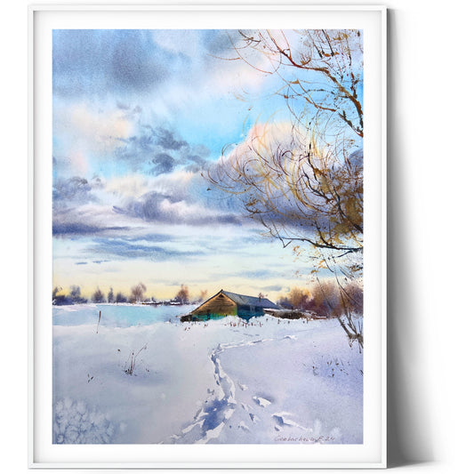 Winter Rustic Small Painting, Original Watercolor Artwork, Frosty Morning, Farmhouse Wall Art Decor, Snowy Landscape