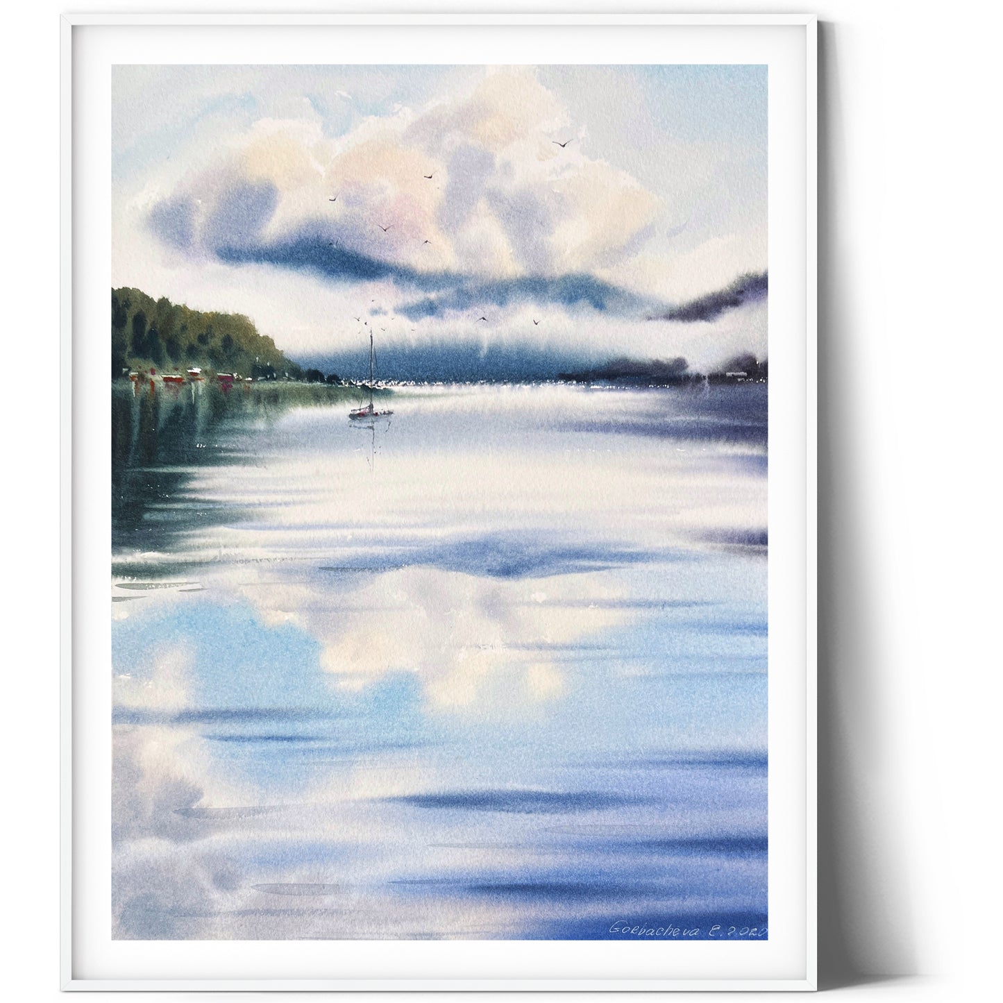 Abstract Lake & Mountain Watercolor Painting, Original Art, Forest House Wall Decor, Abstract Landscape, Sailboat