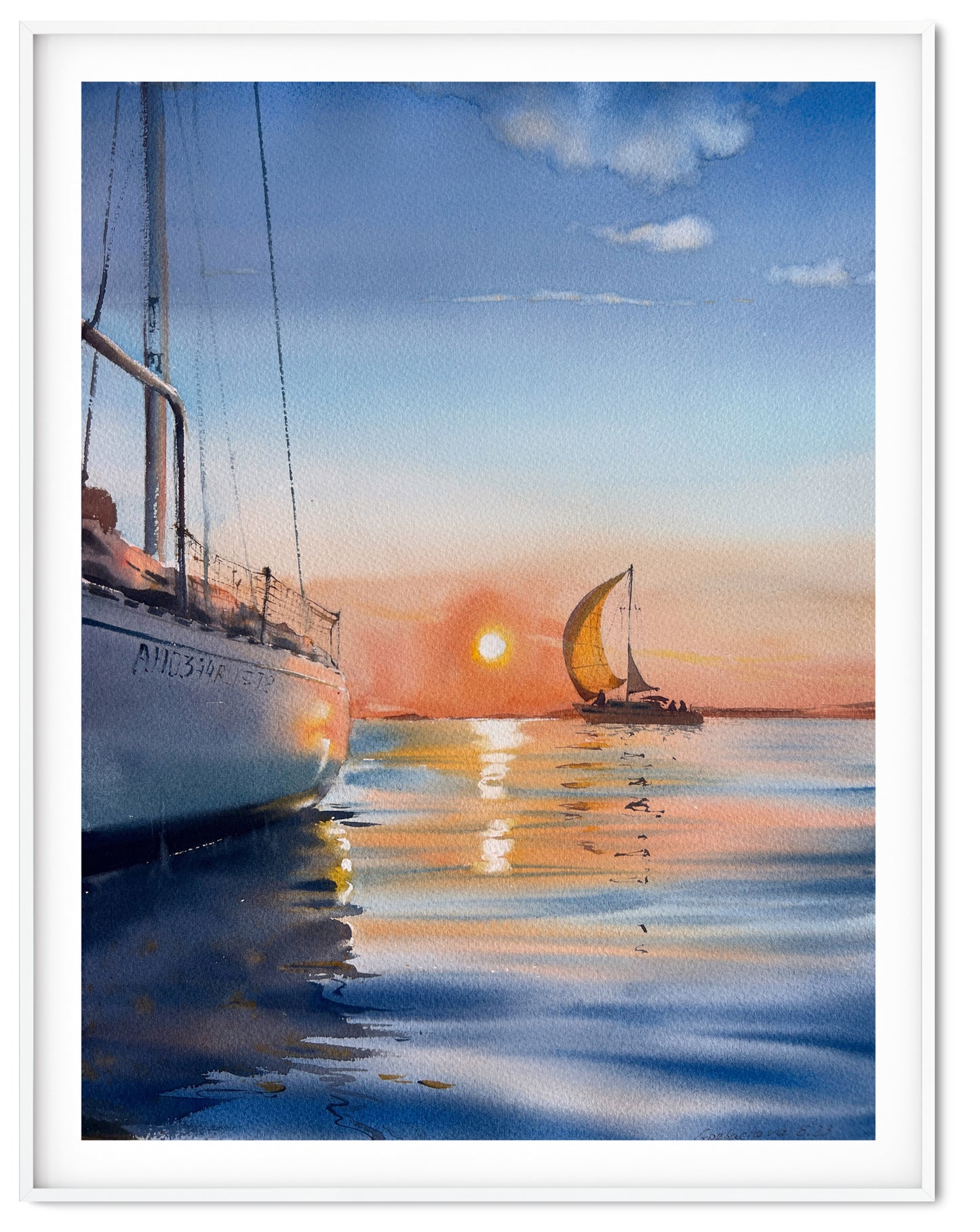 Original Seascape Watercolor Painting, Yacht Art and Sunset - Perfect Coastal Room Wall Decor and Gift for Sea Lovers