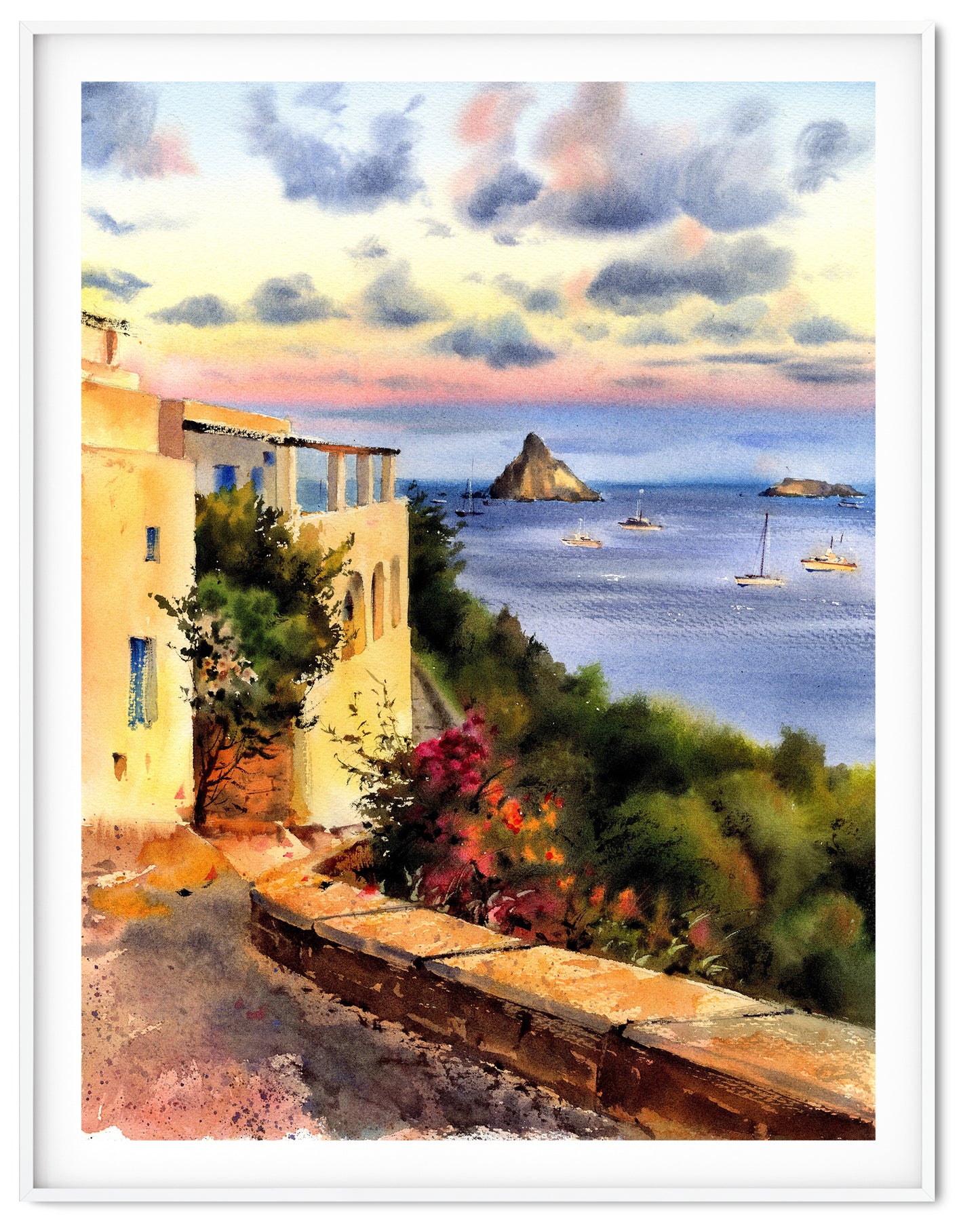 Panarea Island Painting, Watercolor Art Print, Italy Coastal Wall Art, City Sunrise, Gift For Travel Art Lover