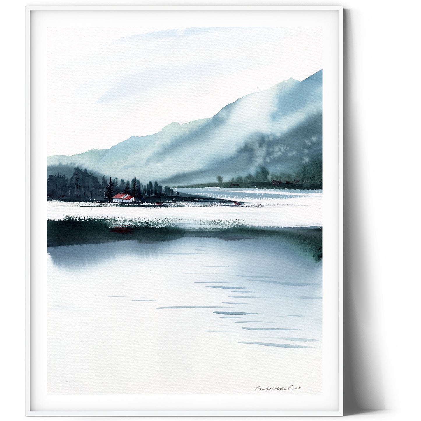 Modern Mountain Painting Original Watercolour, Forest Art, Nature Wall Decor, Landscape With Lake, Watercolor Artwork