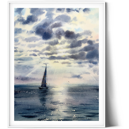 Nautical Watercolor Painting - Yacht Seascape Art - Sailboat Wall Decor - Unique Gift for Her - Blue Pink Beach Art