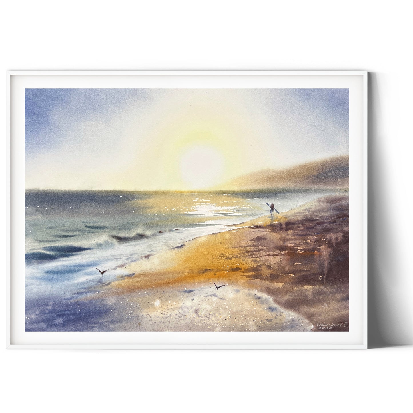 Original Watercolor Painting - "Surfer by the Ocean" - 16x12 in Ocean Art