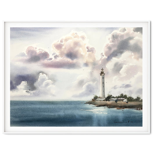Lighthouse Wall Art Print, Painting Watercolour, Coastal Wall Decor, Clouds Sea Wave, Sea Prints, Housewarming Gift