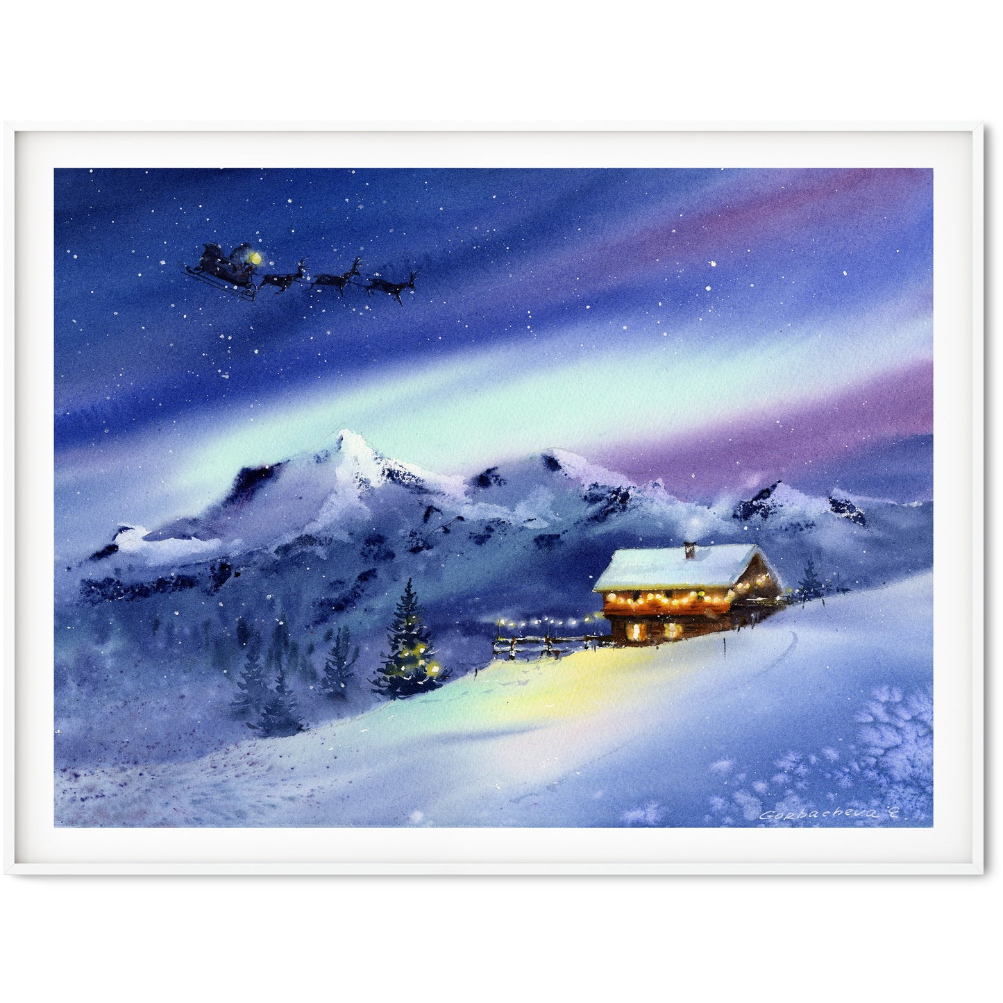 Christmas Wall Print, Winter Landscape, Watercolor Aurora Borealis, Santa's Sleigh Art Decor, Night Sky, New Year Decor