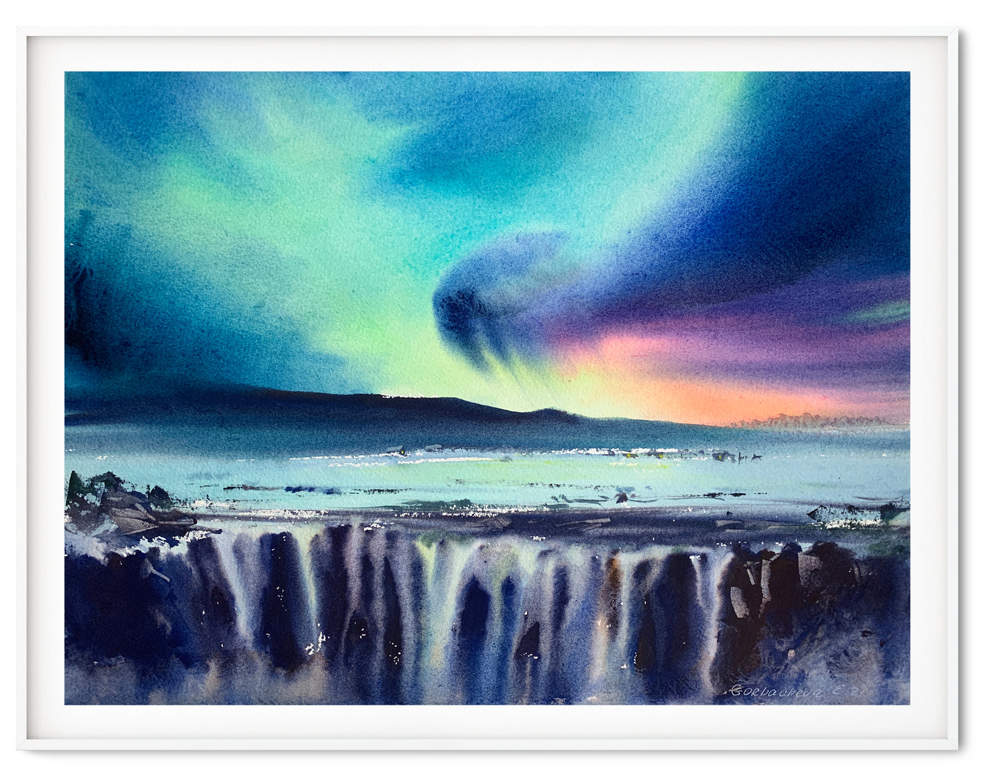 Aurora Borealis Print, Icelandic Landscape Wall Art, Watercolor Nordic Scenery Painting, Modern Canvas Prints, Adventure Art