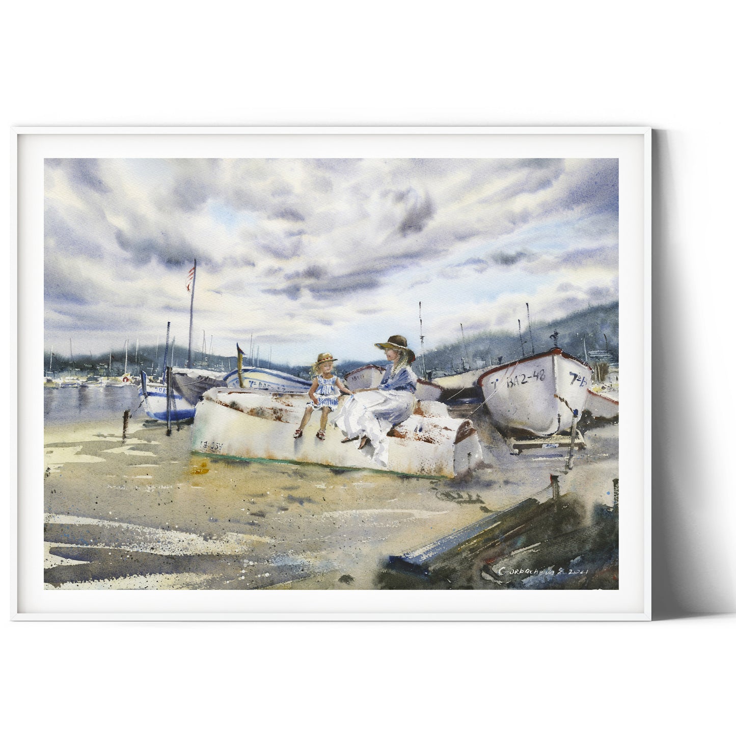 Beach Scene Painting, Boat Art Print on Paper or Canvas, Watercolor Coastal Seaside Cottage Wall Decor Prints Giclee