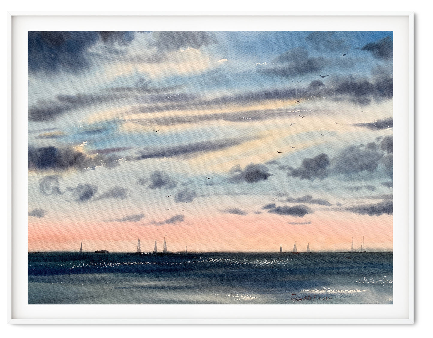 Watercolor Painting Original - Sea before sunset - 16 x 22 in