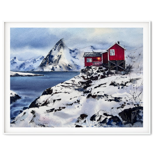 Lofoten Islands Watercolor Painting Original, Red House Art, Winter Landscape Artwork, Norway Village, Fjord Wall Decor